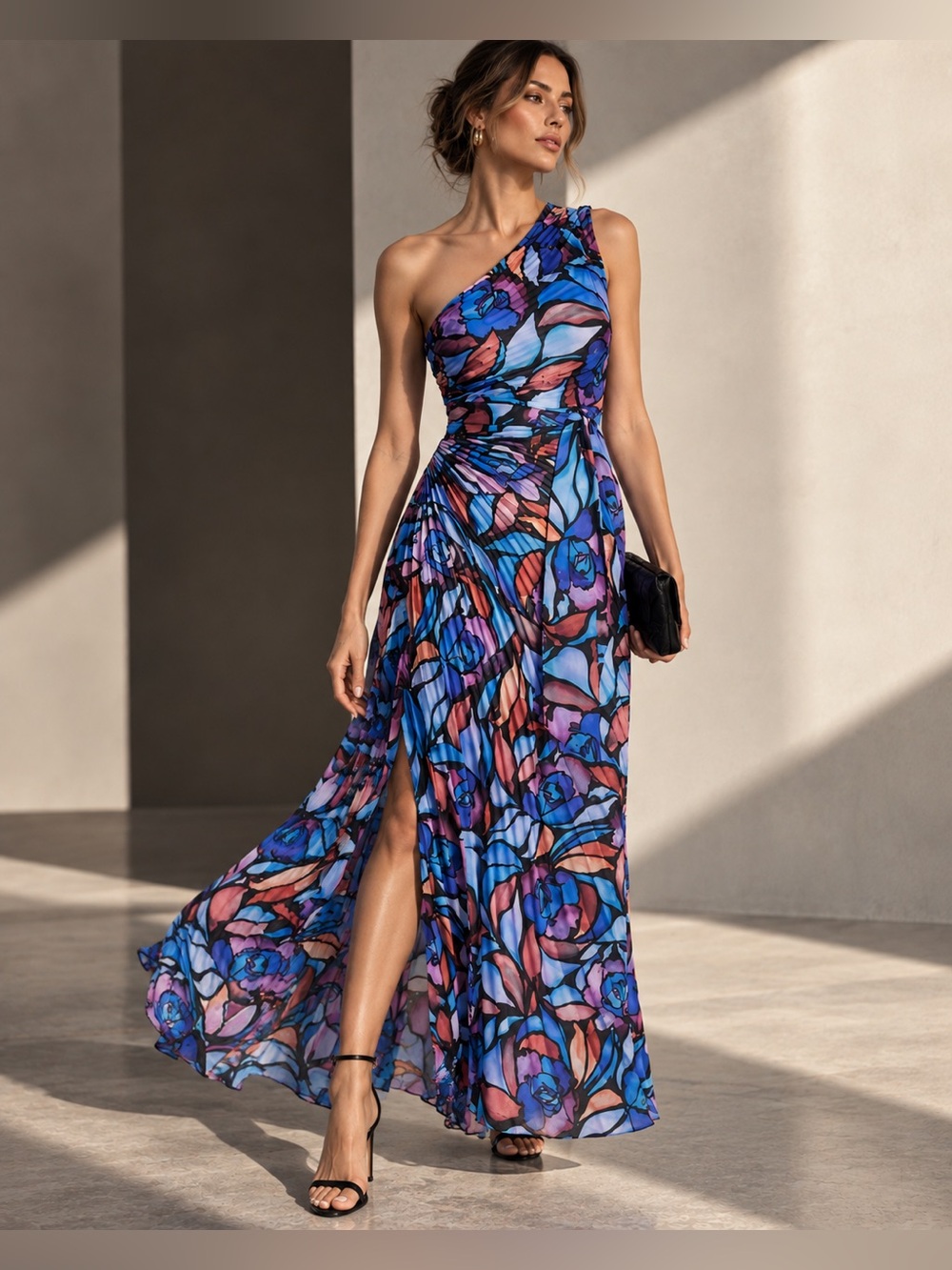 Milly Estelle Dream Rose Blue Printed Satin One Shoulder Maxi Dress 6 NWT
